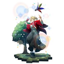  1boy ankle_socks artist_request black_sandals blonde_hair check_clothing clothing_request cobblestone dotera_(clothes) facepaint facial_mark forehead full_body game_cg geta grey_hakama grey_pants grin hagoita hakama hakama_pants hands_up hane_(hanetsuki) hanetsuki japanese_clothes kimono kitamura_motoyasu light_particles long_sleeves looking_at_viewer male_focus medium_hair messy_hair official_art open_mouth outdoors paddle pants parted_bangs ponytail red_dotera red_eyes red_kimono sandals short_ponytail smile socks solo sparkle standing tate_no_yuusha_no_nariagari tate_no_yuusha_no_nariagari_rerise tree v-shaped_eyebrows white_socks x_(symbol) x_facial_mark 