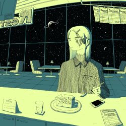  1girl :t absurdres barbell_piercing booth_seating burn_scar cellphone cross cross_earrings cup dot_nose drinking_glass ear_piercing earrings eating food gelatin green_theme hair_ornament hairclip highres jewelry lamp long_hair monochrome nail_polish original phone piercing planet plate receipt restaurant ryaw scar scar_on_face science_fiction sky smartphone solo space spacecraft_interior spoon star_(sky) starry_sky table window 