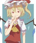  1girl absurdres ascot bangs blonde_hair blue_background border crystal eyebrows_visible_through_hair flandre_scarlet frills grin hair_between_eyes hand_up hat hat_ribbon highres looking_at_viewer mob_cap outside_border puffy_short_sleeves puffy_sleeves red_eyes red_ribbon red_skirt red_vest ribbon shirt short_sleeves simple_background skirt smile solo syosinge touhou two-tone_background upper_body vest white_border white_shirt wings 