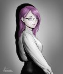  1girl absurdres eyebrows_behind_hair eyelashes from_side glasses gradient gradient_background highres instagram_username kamishiro_rize long_hair makeup marvin_(omarvin) mascara profile purple_hair red_lips signature solo tokyo_ghoul twitter_username upper_body violet_eyes 