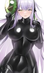  1girl absurdres bodysuit breasts covered_navel fate/grand_order fate_(series) giant giantess green_mask green_ribbon heterochromia highres impossible_bodysuit impossible_clothes impossible_leotard kingprotea_(fate) large_breasts latex latex_bodysuit leotard long_hair looking_at_viewer oxygen_mask_(oxygenmask233) ribbon skin_tight smile solo very_long_hair violet_eyes white_background xochitonal_(fate) yellow_eyes 