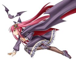  1girl alucard_lore bat_(animal) black_bow bow brown_thighhighs cloak cross_hair_ornament dress emil_chronicle_online frilled_bow frilled_dress frills from_side hair_bow hair_ornament kasuga_yukihito long_hair long_sidelocks pink_hair purple_cloak purple_dress purple_shoes red_cloak shoes sidelocks thigh-highs twintails two-sided_cloak two-sided_fabric vampire violet_eyes white_background 