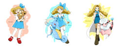  1girl age_progression animal blue_bow blue_dress blue_eyes blue_skirt boots bow brown_hair child closed_eyes dress flaaffy go-mikihappy hair_bow highres holding holding_animal kingdra lab_coat mary_janes molly_hale pokemon pokemon_(anime) pokemon_(classic_anime) pokemon_(creature) pokemon_3:_the_movie_-_spell_of_the_unown:_entei red_eyes red_shoes shoes skirt smile socks teddiursa thigh-highs twintails white_socks white_thighhighs 