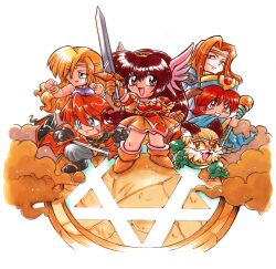  2girls 4boys absurdres animal_ear_fluff animal_ears aragne_(masumon_kids) arm_up armor bell_(masumon_kids) black_armor black_gloves black_shoes blonde_hair blue_eyes blue_hat blue_robe bolt_(masumon_kids) boots bracelet brown_eyes brown_hair cat_boy cat_ears chest_guard chibi chibi_only circlet claws clenched_hands closed_mouth colored_sclera commentary curtained_hair dress dune_(masumon_kids) dust facial_mark fantasy faulds furry furry_male gloves gold_hairband grey_pants hairband hat head_wings hexagram highres holding holding_staff holding_sword holding_weapon jewelry kairi_(masumon_kids) kokomahi lipstick long_hair looking_at_viewer magic_circle makeup masumon_kids multiple_boys multiple_girls official_art open_mouth orange_boots orange_dress orange_gloves pants pink_lips purple_shirt quattro_(masumon_kids) red_armor red_eyes red_hair robe shirt shoes short_hair shoulder_armor sleeveless sleeveless_shirt smile staff sword very_long_hair weapon whiskers white_background wings yellow_sclera 