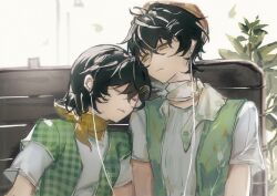  1boy 1girl absurdres black_hair brown_hat chinese_commentary closed_eyes closed_mouth commentary_request dual_persona earphones earphones female_rover_(wuthering_waves) green_jacket hair_between_eyes hat head_on_another's_shoulder highres jacket looking_at_another male_rover_(wuthering_waves) mijiu163 official_alternate_costume on_bench rover_(wuthering_waves) shared_earphones shirt sitting sleeping sleeveless sleeveless_jacket white_shirt wuthering_waves yellow_eyes 