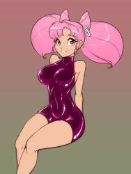  1girl aged_up bare_shoulders bishoujo_senshi_sailor_moon bodycon breasts chibi_usa cone_hair_bun covered_navel double_bun dress hair_bun highres long_hair medium_breasts medium_hair pink_dress pink_hair red_eyes red_hair scorpdk sitting skin_tight smile tight_clothes tight_dress twintails 