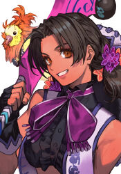  1girl bird black_gloves black_hair bow bowtie brown_eyes club_(weapon) dark-skinned_female dark_skin fingerless_gloves flower gloves hair_flower hair_ornament hankuri holding holding_club holding_weapon lily_hawk looking_at_viewer mexican_clothes purple_bow purple_bowtie solo street_fighter street_fighter_6 teeth upper_body vest weapon 