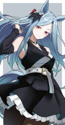  1girl absurdres animal_ears belt black_dress black_pantyhose black_sleeves blue_eyes closed_mouth commentary_request cowboy_shot detached_sleeves dress ear_ornament ellerslie_pride_(umamusume) frilled_dress frills grey_background hair_ribbon half-closed_eyes hand_in_own_hair highres horse_ears horse_girl horse_tail jewelry long_hair looking_at_viewer necklace pantyhose partial_commentary psd_available red_ribbon reibun_(raven1119) ribbon scar scar_on_face short_dress skull_necklace sleeveless sleeveless_dress smile solo standing tail umamusume umamusume:_cinderella_gray violet_eyes white_belt 