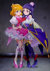  2girls absurdres asahina_mirai black_thighhighs blonde_hair blush boots breasts cosplay cure_magical cure_magical_(cosplay) cure_miracle cure_miracle_(cosplay) diamond_brooch dress framed_breasts full_body gloves hair_ornament highres indoors izayoi_liko long_hair looking_at_viewer magical_girl mahou_girls_precure! mahou_girls_precure!!_~mirai_days~ medium_breasts multiple_girls open_mouth precure self_cosplay short_hair signature thigh-highs tirofinire violet_eyes white_gloves 