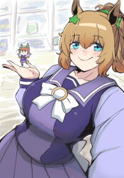  2girls blue_eyes blush bow breasts brown_hair closed_mouth collarbone forced_perspective hair_between_eyes hair_ornament horse_girl kawamochi_(tddm3573) large_breasts long_hair long_sleeves looking_at_viewer multiple_girls pleated_skirt ponytail puffy_long_sleeves puffy_sleeves purple_shirt purple_skirt purple_thighhighs school_uniform shirt silence_suzuka_(umamusume) skirt smile standing standing_on_one_leg star_(symbol) star_hair_ornament taiki_shuttle_(umamusume) thigh-highs tracen_school_uniform umamusume very_long_hair white_bow 
