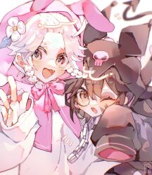  2boys :3 :d alternate_costume androgynous blush bow braid brown_hair bruise bruised_eye capelet chain collar facial_mark fang hair_between_eyes highres injury kuromi looking_at_viewer luca_balsa luca_balsa_(boidae) luca_balsa_(viper) male_focus metal_collar monocle multiple_boys my_melody official_alternate_costume one_eye_closed pink_bow pink_capelet sanrio sleeves_past_fingers sleeves_past_wrists smile toramledak twin_braids white_hair 