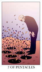  1boy autumn_leaves balding beard bent_over black_circle black_pants black_shirt black_shoes border card_(medium) english_text facial_hair falling_leaves gradient_sky hands_on_own_knees highres hole jessica_hayworth leaf looking_down male_focus minor_arcana_(tarot) old old_man outdoors pants pink_sky purple_sky shirt shoes sky solo surreal tarot tarot_(medium) warm_colored welcome_to_night_vale white_border white_hair 