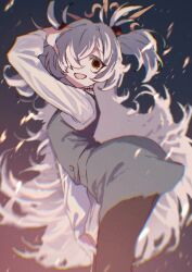  1girl :d arched_back arm_up black_choker black_pantyhose blue_archive blurry brown_eyes brown_halo choker chromatic_aberration crossed_bangs dress embers film_grain from_side grey_dress grey_hair hair_ornament hair_over_one_eye halo hand_on_own_head hand_on_own_leg highres kanoe_(blue_archive) leaning_forward long_hair long_sleeves looking_at_viewer mojyo ochiaki open_mouth pantyhose pinafore_dress shirt shirt_under_dress sleeveless sleeveless_dress smile solo standing turning_head two_side_up very_long_hair white_shirt 