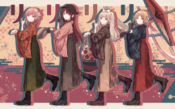  4girls bag black_boots black_gloves blonde_hair boots bow brown_boots brown_eyes brown_hakama brown_kimono brown_skirt bullfalk commentary d4dj drawstring drawstring_bag drop_shadow floral_print floral_print_kimono full_body gloves green_eyes green_hakama green_shirt grey_hakama grey_skirt grin hair_bow hair_bun hair_ribbon hakama hakama_skirt hashtag-only_commentary highres holding holding_bag index_finger_raised japanese_clothes kasuga_haruna kimono lace-up_boots leg_up letterboxed looking_at_viewer lyrical_lily matching_pose multiple_girls orange_kimono outside_border pink_hair pink_kimono print_kimono red_background red_boots red_hair red_hakama red_skirt ribbon sakurada_miyu shiratori_kurumi_(d4dj) shirt short_hair single_hair_bun skirt smile standing standing_on_one_leg takeshita_miiko two_side_up white_bow white_ribbon yagasuri yellow_background 
