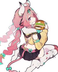  1girl absurdres aitekku animal_ears braid burger cow_ears cow_horns cow_tail detached_sleeves eating food food_on_face from_behind genshin_impact highres horns long_hair miniskirt no_shoes pink_hair sitting skirt socks tail twin_braids varesa_(genshin_impact) violet_eyes vision_(genshin_impact) wariza white_background white_socks 