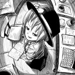  1girl book can chair chips coffee coffee_cup computer cup disposable_cup fedora food from_above greyscale hat highres holding holding_book indoors laptop looking_at_viewer monochrome necktie open_book paper pencil peroponesosu. potato_chips touhou usami_renko 