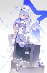  4girls absurdres amane_kanata cardiogram colored_inner_hair commentary_request dress faceless faceless_female falling_feathers feathered_wings feathers grey_hair h0kori hat highres hololive hospital knee_up looking_at_viewer looking_back medium_hair multicolored_hair multiple_girls nurse_cap shoes short_dress simple_background sitting turning_head virtual_youtuber white_background white_dress white_shoes white_wings wings 