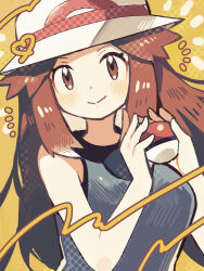  1girl anidler91 blue_shirt blush breasts brown_eyes brown_hair bucket_hat closed_mouth commentary hat highres holding holding_poke_ball leaf_(pokemon) long_hair looking_at_viewer poke_ball poke_ball_(basic) pokemon pokemon_frlg porkpie_hat shirt sleeveless sleeveless_shirt smile symbol-only_commentary upper_body white_hat wristband 