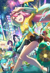  2boys 6+girls :d aerial_fireworks alternate_costume anklet bellibolt bow-shaped_hair building clavell_(pokemon) clive_(pokemon) commentary_request dot_(pokemon) fireworks fuecoco highres iono_(pokemon) jacket jewelry juliana_(pokemon) kutsunohito liko_(pokemon) long_hair multicolored_hair multiple_boys multiple_girls night onia_(pokemon) open_mouth outdoors pink_hair pokemon pokemon_(anime) pokemon_(creature) pokemon_horizons poppy_(pokemon) quaxly rika_(pokemon) roy_(pokemon) sandals sky smile sprigatito teeth toes two-tone_hair upper_teeth_only v yellow_jacket zirc_(pokemon) 
