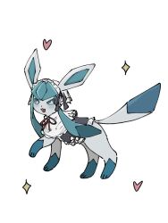 :d animal_focus animal_hands black_bow blue_eyes blue_fur bow capelet capelet_bow clothed_pokemon frills full_body glaceon glaceon_(tea_party) heart looking_at_viewer maid_headdress no_humans open_mouth pokemon pokemon_(creature) pokemon_unite raidayo_39 red_ribbon ribbon simple_background smile solo standing star_(symbol) white_background white_capelet 