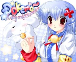  1girl 1other 2000s_(style) :o animal animal_ears bangs bell bell_collar blue_hair blush brown_eyes canihavepromo dog dokemo english english_text female hair_ornament logo long_sleeves medium_hair multicolored_background multicolored_sleeves open_mouth original pale_skin puffy_short_sleeves puffy_sleeves red_cross red_sleeve_cuffs simple_background sleeve_cuffs star_(symbol) text white_fur 