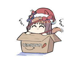  1girl ^_^ amazon_(company) animal_ears bow box brand_name_imitation brown_hair cardboard_box chibi closed_eyes closed_mouth colored_shadow ear_bow fake_animal_ears fur-trimmed_headwear fur_trim grass_wonder_(umamusume) hat highres horse_ears horse_tail in_box in_container kawamochi_(tddm3573) multicolored_hair red_bow santa_hat shadow simple_background solo striped_bow tail translation_request two-tone_hair umamusume white_background white_hair 
