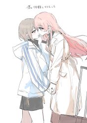  2girls absurdres bang_dream! bang_dream!_it's_mygo!!!!! black_shirt black_shorts blue_jacket blush chihaya_anon coat commentary_request earphones grey_eyes grey_hair highres holding_hands imminent_kiss interlocked_fingers jacket long_hair multiple_girls parted_lips pink_eyes pink_hair shared_earphones shirt short_hair shorts simple_background suitcase suudori takamatsu_tomori tears translation_request white_background white_coat yuri 