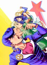  1girl 4boys blonde_hair blue_eyes blue_hair brooch coat diamond_wa_kudakenai dollar_sign gakuran green_coat green_eyes hazekura_mikitaka heart heart_brooch heart_ornament higashikata_josuke high_collar highres hirose_koichi jewelry jojo_no_kimyou_na_bouken long_hair long_sleeves multiple_boys nijimura_okuyasu open_mouth peace_symbol pink_shirt pointing pointing_at_self pompadour purple_coat purple_hair santamanymany school_uniform shirt smile star_(symbol) ufo_ornament yamagishi_yukako 