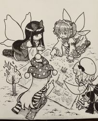  4girls bow clownpiece dress drill_hair fairy fairy_wings fang fire hair_bow hakurei_reimu hat headdress highres jester_cap long_hair long_sleeves luna_child monochrome multiple_girls open_mouth pantyhose paper planted pointing polka_dot polka_dot_headwear sitting skin_fang smile star_(symbol) star_print star_sapphire striped_clothes striped_dress striped_pantyhose sunny_milk suteruko torch touhou traditional_media very_long_hair wide_sleeves wings 