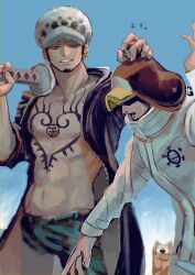  2boys bare_pectorals bepo_(one_piece) black_hat black_pants chest_tattoo coat earrings facial_hair goatee hand_on_another&#039;s_head hat highres jewelry male_focus multiple_boys one_piece open_clothes open_coat pants parted_lips pectorals penguin_(one_piece) tattoo trafalgar_law translation_request uyunosora white_coat white_hat 