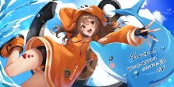  1girl absurdres anchor bike_shorts boots brown_hair clouds cloudy_sky commentary_request commission dolphin fingerless_gloves gloves guilty_gear guilty_gear_strive hat hat_ornament heart heart_tattoo highres holding holding_anchor hood hoodie jacket looking_at_viewer may_(guilty_gear) mr._dolphin_(guilty_gear) newsboy_cap nigi_(ngmnoym) open_mouth orange_boots orange_eyes orange_hat orange_hoodie orange_jacket orange_shirt pirate pirate_hat second-party_source shirt skull_and_crossbones skull_hat_ornament sky smile solo tattoo 