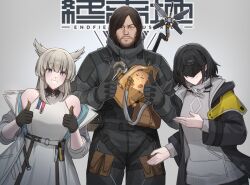  1boy 2girls :d absurdres animal_ears ant_k arknights arknights:_endfield bare_shoulders belt bird_ears bird_girl black_gloves black_hair black_jacket black_jumpsuit blue_eyes bob_cut breasts brown_eyes brown_hair coat copyright_logo covered_eyes crossover death_stranding diamond_(shape) double_thumbs_up dragon_bubble_(arknights) dress endministrator_(arknights) facial_hair female_endministrator_(arknights) gloves grey_hair height_difference highres jacket jumpsuit logo long_hair long_sleeves mask medium_breasts medium_hair multiple_girls nian_(arknights) odradek off_shoulder perlica_(arknights) sam_porter_bridges smile sweater thumbs_up white_background white_belt white_coat white_dress white_sweater 
