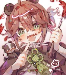  1boy :d alternate_costume androgynous animal_ears black_jacket brown_hair bruise bruised_eye cropped_jacket drooling fang green_eyes hair_between_eyes head_tilt highres holding identity_v injury jacket looking_at_viewer luca_balsa mouth_drool panda panda_ears smile stain toramledak 