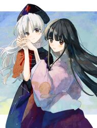  2girls absurdres black_hair blue_dress brown_hair constellation_print cross dress hashtag-only_commentary hat highres holding_hands houraisan_kaguya kimura8556spsk long_hair looking_at_viewer multiple_girls open_mouth pink_shirt print_dress red_cross red_dress red_skirt shirt skirt touhou two-tone_dress white_hair yagokoro_eirin 