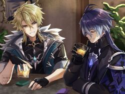  2boys alcohol antenna_hair black_capelet black_coat black_gloves black_jacket blonde_hair blue_eyes blue_hair capelet closed_eyes coat collared_capelet commentary_request crossed_bangs cup fingerless_gloves flins_(genshin_impact) fur-trimmed_jacket fur_trim genshin_impact gloves gradient_hair hair_between_eyes hand_up highres holding holding_cup indoors jacket lapels long_hair looking_at_another male_focus medium_hair multicolored_hair multiple_boys necoco112061 parted_bangs parted_lips picture_frame plant purple_shirt scar scar_across_eyebrow scar_on_cheek scar_on_face shirt short_sleeves smile table upper_body varka_(genshin_impact) watermark 