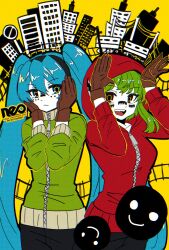  2girls artist_logo blue_eyes blue_hair commentary_request facial_mark gloves green_eyes green_hair gumi hairband hands_on_own_cheeks hands_on_own_face hands_up hatsune_miku high_collar highres hood hood_up hoodie jacket logo long_hair long_sleeves looking_at_viewer matryoshka_(vocaloid) multicolored_eyes multiple_girls neo_(neo_399) open_mouth rabbit_pose red_eyes ringed_eyes short_hair_with_long_locks smile smiley_face track_jacket twintails very_long_hair vocaloid yellow_background yellow_eyes 
