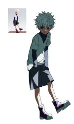  1boy boots full_body grey_shorts hair_between_eyes hands_in_pockets highres hunter_x_hunter killua_zoldyck looking_at_viewer qwertpoiuy001 short_hair shorts simple_background smile spiky_hair sweater turtleneck turtleneck_sweater white_background white_hair 