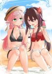  2girls absurdres antlers beach bikini brown_hair eyebrows_visible_through_hair flat_chest flower food genshin_impact green_eyes highres hu_tao_(genshin_impact) multiple_girls navel open_mouth pink_hair plum_blossoms popsicle red_eyes sitting sky star-shaped_pupils star_(symbol) swimsuit symbol-shaped_pupils wataru_(nextlevel) yanfei_(genshin_impact) 