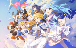  4boys 4girls ahoge apron ascot belt benya_(tales_weaver) bike_shorts black_boots black_coat black_gloves black_shirt blonde_hair blue_ascot blue_bow blue_eyes blue_hair blue_jacket blue_shoes blue_sky blue_sleeves boots border boris_jinneman bow braid breasts brown_belt brown_cloak brown_shorts capelet clenched_hand cloak closed_eyes closed_mouth clouds coat confetti crop_top cropped_jacket cropped_shirt dress english_commentary english_text flag flats footwear_bow gloves grey_eyes high_collar highres holding holding_flag holding_party_popper isolestie_(children_of_the_rune) jacket jewelry layered_dress long_hair long_sidelocks lucian_kaltz medium_breasts medium_hair mila_nebraska multiple_boys multiple_girls necklace nexon nocturne_de_vien off-shoulder_jacket off_shoulder official_art open_hands open_mouth orange_boots orange_hair orange_pants outstretched_arm outstretched_hand pants party_popper profile puffy_shorts purple_bow purple_ribbon red_eyes red_pupils ribbon sang_ah_yoon shirt shoes short_dress short_hair shorts shoulder_belt sidelocks sivelin_uuo skull_necklace sky sleeve_cuffs sleeveless sleeveless_shirt smile straight_hair tales_weaver teeth thigh_boots tichiel_juspian tongue torn_clothes torn_shirt turtleneck upper_teeth_only white_apron white_border white_capelet white_coat white_dress white_pants white_shirt white_sleeves wide_sleeves 
