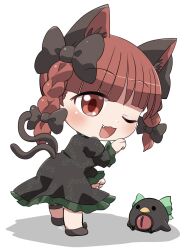  1girl :3 ;d animal_ears bird black_bow black_dress blunt_bangs blush bow braid brown_shoes cat_ears cat_girl cat_tail chibi chibi_only commentary_request dress fang frilled_dress frilled_sleeves frills full_body hair_bow highres kaenbyou_rin long_hair long_sleeves looking_at_viewer multiple_tails one_eye_closed open_mouth paw_pose red_eyes red_hair reiuji_utsuho reiuji_utsuho_(bird) rokugou_daisuke shoes signature simple_background smile standing tail touhou twin_braids two_tails white_background 