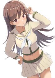  1girl absurdres blush breasts brown_eyes brown_hair highres kantai_collection long_hair long_sleeves looking_at_viewer midriff navel neckerchief ooi_(kancolle) ooi_kai_ni_(kancolle) open_mouth pleated_skirt sailor_collar school_uniform serafuku skirt smile solo sukimizaki twitter_username white_background white_neckerchief yellow_sailor_collar yellow_serafuku yellow_skirt 