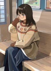  1girl adjusting_hair bench black_hair blue_skirt bus_stop christmas_sweater closed_mouth commentary_request crossed_legs glasses hand_on_lap highres long_skirt mmmo3 original sitting skirt solo sweater 