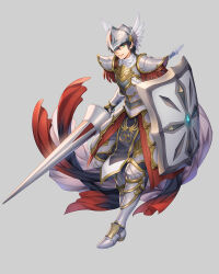  1boy armor armored_skirt artist_request asgard belt black_hair black_pants brown_belt cape closed_mouth cuirass cuisses determined epaulettes fringe_trim full_armor full_body gauntlets gold_trim greaves green_eyes grey_background helmet highres holding holding_polearm holding_shield holding_weapon impasto knight knight_(asgard) lance legs_apart looking_at_viewer male_focus nexon official_art one_eye_covered pants pauldrons plate_armor polearm poleyn red_cape rerebrace sabaton second-party_source shield shirt shoulder_armor silver_armor simple_background skirt smile solo standing standing_on_one_leg transparent_wings tsurime turtleneck undershirt vambraces waist_cape weapon white_shirt white_wings winged_helmet wings 
