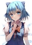  1girl bangs blue_bow blue_eyes blue_hair bow bowtie cirno closed_mouth collared_shirt finger_to_mouth hair_bow highres looking_at_viewer natsume_suzuri red_bow red_bowtie shirt short_hair short_sleeves simple_background smile solo touhou upper_body white_background white_shirt 