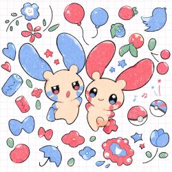  appyon_(archangel_ayp) balloon battery berry_(pokemon) bird blue_eyes bow commentary flower full_body great_ball grid_background heart highres minun no_humans open_mouth plusle poke_ball poke_ball_(basic) pokemon pokemon_(creature) red_eyes smile symbol-only_commentary umbrella 