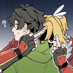  2boys ? blonde_hair brown_hair double_middle_finger face_in_shadow glaring gloves green_eyes hair_ornament iwatani_naofumi kitamura_motoyasu luo_xuan_xing_wu_si_(spiral_tungsten_wire) male_focus middle_finger multiple_boys partially_shaded_face ponytail red_eyes reference_photo shaded_face short_hair short_ponytail tate_no_yuusha_no_nariagari wing_hair_ornament yari_no_yuusha_no_yarinaoshi 