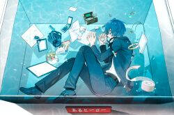  1boy ahoge bag baseball_mitt belt blue_eyes blue_hair blue_jacket blue_pants blue_shoes book brown_belt car_keys caustics cellphone chinese_commentary choker closed_mouth commentary_request digital_media_player digital_walkman dress_shirt earphones flip_phone floating floating_object from_above full_body gekkoukan_high_school_uniform highres immersed jacket jewelry key kopokur looking_at_viewer male_focus medium_hair necklace object_request open_clothes open_jacket pants paper persona persona_3 phone pool profile school_uniform screw shirt shoes solo submerged tape walkman_nw-s203f water white_shirt yellow_choker yuuki_makoto_(persona_3) 