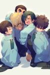  5boys ^_^ amuro_tooru bangs black_hair black_pants blonde_hair blue_eyes blue_shirt brown_hair child closed_eyes collared_shirt covered_mouth curly_hair dark-skinned_male dark_skin date_wataru echo_(circa) green_hair grey_background hagiwara_kenji hair_between_eyes laughing long_sleeves looking_at_another looking_at_viewer looking_back male_child male_focus matsuda_jinpei meitantei_conan multiple_boys open_mouth outstretched_arms oversized_clothes pants police police_uniform scotch_(meitantei_conan) shadow shirt shoes short_hair sideways_glance simple_background sleeves_past_fingers sleeves_past_wrists spiky_hair squatting standing surrounded thick_eyebrows uniform 