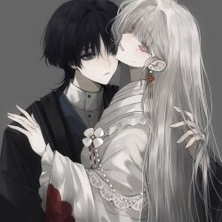  1boy 1girl alternate_costume artist_request black_hair black_haori blue_kimono blunt_ends blush choppy_bangs commission commissioner_insert couple earrings eyeliner eyeshadow fingernails frilled_sleeves frills genshin_impact grey_background hair_intakes hand_in_another&#039;s_hair hand_on_another&#039;s_shoulder hands_up haori hayami_momo_(hayamimomo) hetero japanese_clothes jewelry kimono lace layered_kimono layered_sleeves long_hair looking_at_another looking_at_viewer makeup mole mole_under_eye oc_x_canon open_hands original pale_skin parted_lips pink_lips red_eyeliner red_eyeshadow scaramouche_(genshin_impact) second-party_source shirt teeth tsurime turtleneck turtleneck_shirt undershirt violet_eyes white_hair white_kimono white_shirt white_sleeves wide_sleeves 