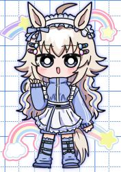  1girl ahoge alternate_costume animal_ears apron blue_jacket blue_track_suit blush bow ear_bow ear_ornament frilled_apron frills grey_eyes grey_hair grey_tail hair_between_eyes hair_ornament hairclip horse_ears horse_girl horse_tail jacket jersey_maid leg_warmers long_hair long_sleeves looking_at_viewer loose_socks maid maid_apron maid_headdress multicolored_hair oguri_cap_(umamusume) open_mouth pero_(umauma_unyaunya) rainbow smile socks solo star_(symbol) tail track_jacket track_suit umamusume umamusume:_cinderella_gray unconventional_maid waist_apron white_apron 